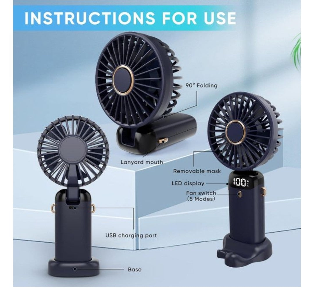 Mini Ventilateur Portable USB-C 5 Vitesses | Écran LED 100% + Support Téléphone 2-en-1
