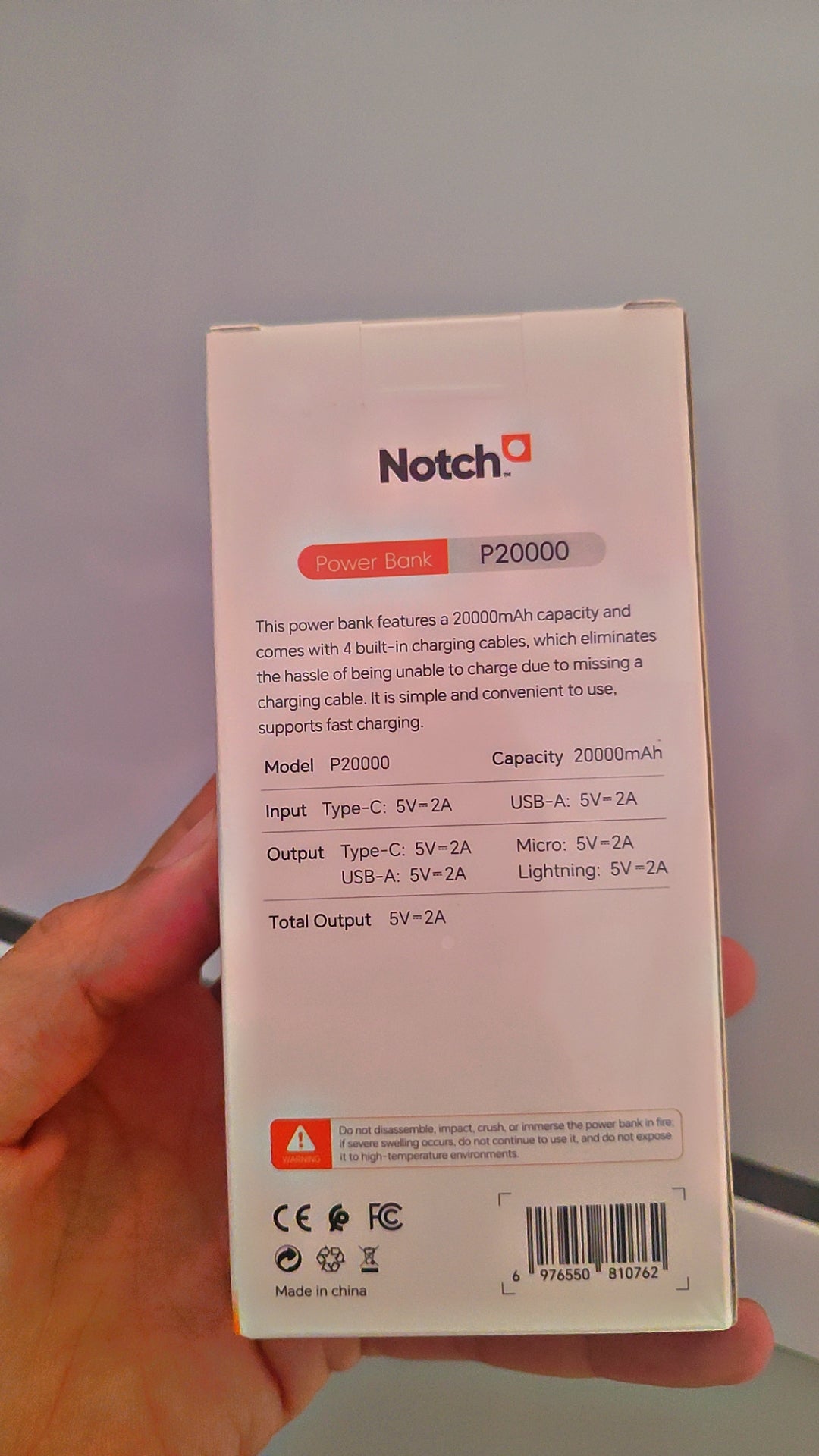 Power Bank Notch P20000 20000mAh - 4 Câbles Intégrés 10W